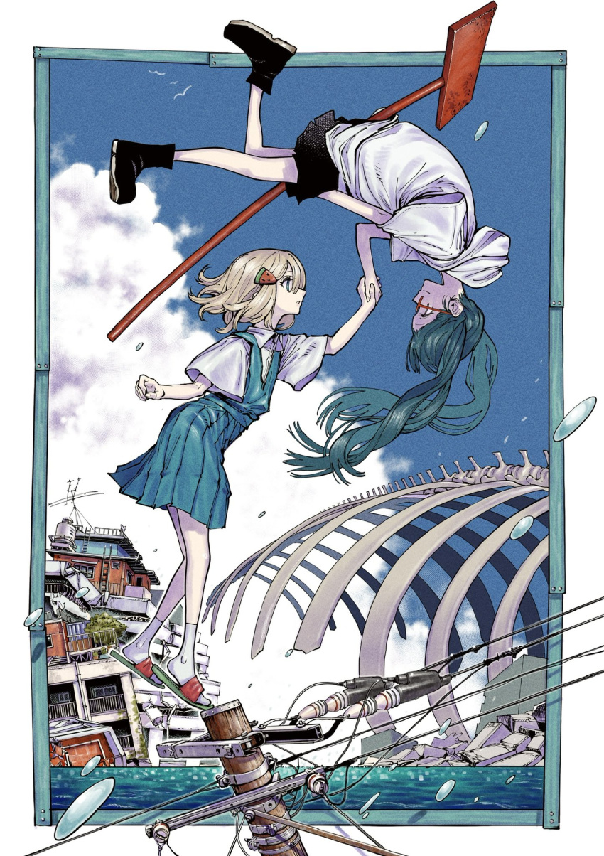 2girls bespectacled black_footwear black_shorts blonde_hair blue_dress blue_eyes blue_sky boots character_request clouds commentary dress eye_contact flip-flops floating food-themed_hair_ornament giant_skeleton glasses gunjou_sanka_(vocaloid) hair_ornament hatesaka_ao hatsune_miku highres holding_hands hood hood_down hoodie long_hair looking_at_another multiple_girls ocean on_top_of_pole pale_skin pinafore_dress pleated_dress power_lines profile red-framed_eyewear red_footwear ruins sandals shirt shoes short_hair short_sleeves shorts skeleton sky smile socks twintails upside-down utility_pole vocaloid water_drop watermelon_hair_ornament white_hoodie white_shirt white_socks