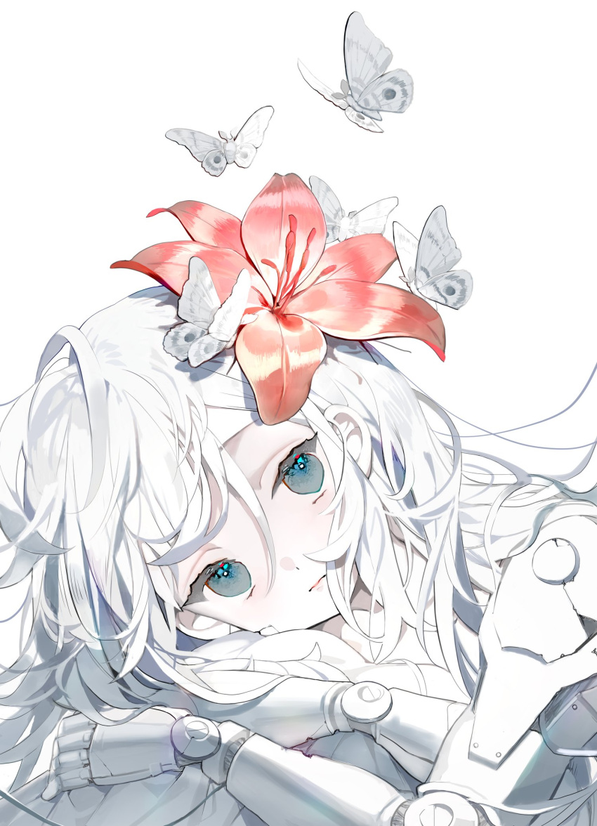 1girl blue_eyes bug butterfly closed_mouth expressionless flower hair_between_eyes hair_flower hair_ornament highres karohroka lily_(flower) long_hair looking_at_viewer lying mechanical_arms on_side original pale_skin red_flower simple_background solo white_background white_butterfly white_hair