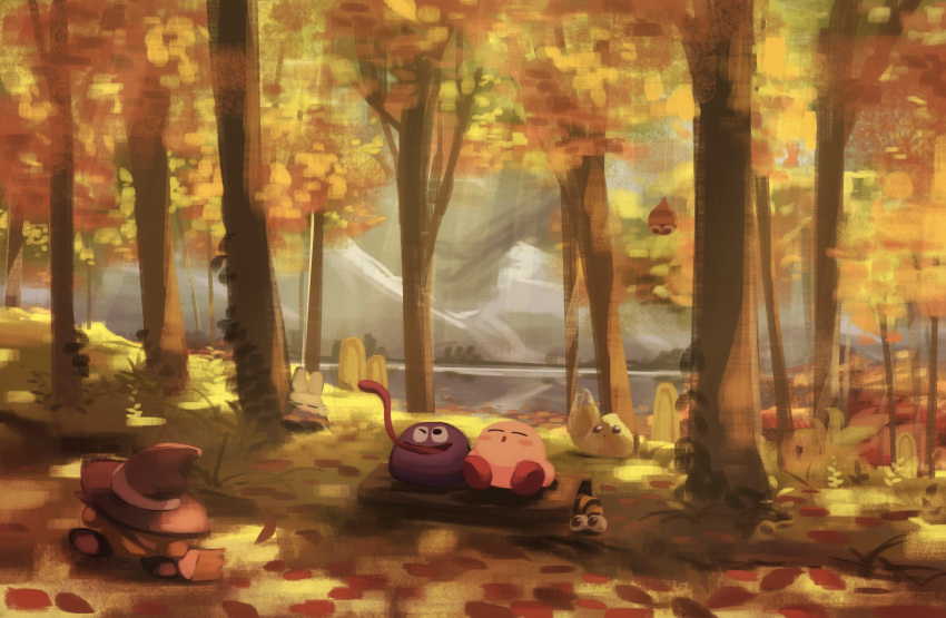 autumn_leaves character_request closed_eyes day forest gooey_(kirby) highres kirby kirby_(series) long_tongue looking_at_another looking_away nature open_mouth outdoors parted_lips sleeping smile suyasuyabi tongue tree