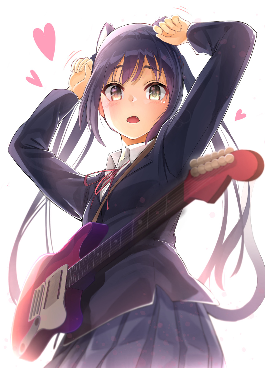 1girl absurdres ajimi07 animal_ears arms_up black_hair black_jacket cat_ears collared_shirt fang floating_hair grey_skirt guitar heart highres instrument jacket k-on! long_hair long_sleeves miniskirt motion_lines nakano_azusa neck_ribbon open_mouth pleated_skirt red_ribbon ribbon sakuragaoka_high_school_uniform school_uniform shiny shiny_hair shirt skirt solo standing twintails very_long_hair white_background white_shirt wing_collar yellow_eyes