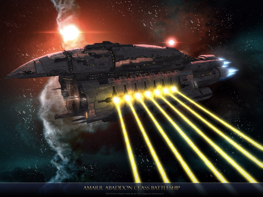 3d abaddon_(eve_online) amarr_empire_(eve_online) battleship_(eve_online) beam blue_fire energy energy_beam english_text enterprise-e eve_online fire firing glowing laser machinery military military_vehicle no_humans outdoors realistic science_fiction sky space spacecraft star_(sky) starry_sky thrusters vehicle_focus