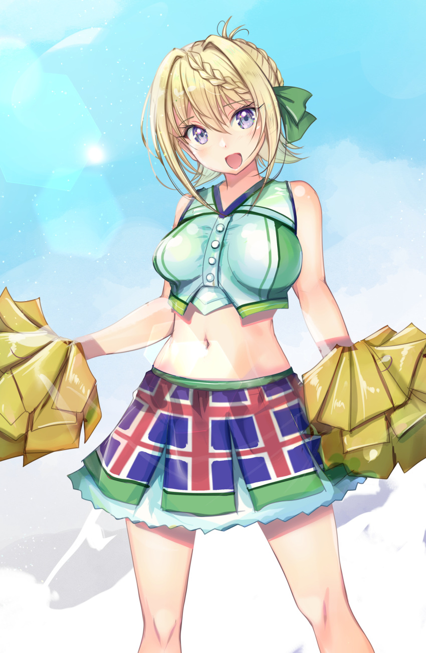 1girl absurdres alternate_costume blonde_hair blue_skirt braid braided_bangs braided_bun breasts cheerleader commentary_request crop_top hair_bun highres holding holding_pom_poms kantai_collection long_hair looking_at_viewer medium_breasts midriff perth_(kancolle) pleated_skirt pom_pom_(cheerleading) skirt solo violet_eyes yashin_(yasinz)