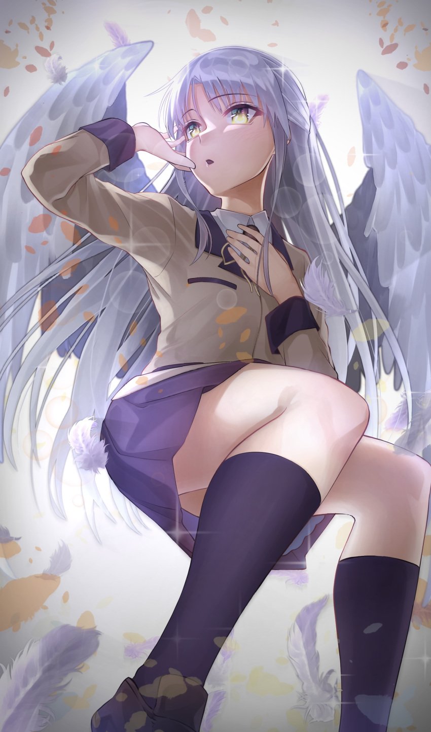 1girl absurdres ajimi07 angel_beats! black_socks blazer feathered_wings from_below grey_hair highres jacket loafers long_hair long_sleeves miniskirt neck_ribbon pleated_skirt purple_skirt ribbon school_uniform shiny shiny_hair shoes skirt socks solo straight_hair tachibana_kanade very_long_hair white_wings wing_collar wings yellow_eyes yellow_ribbon