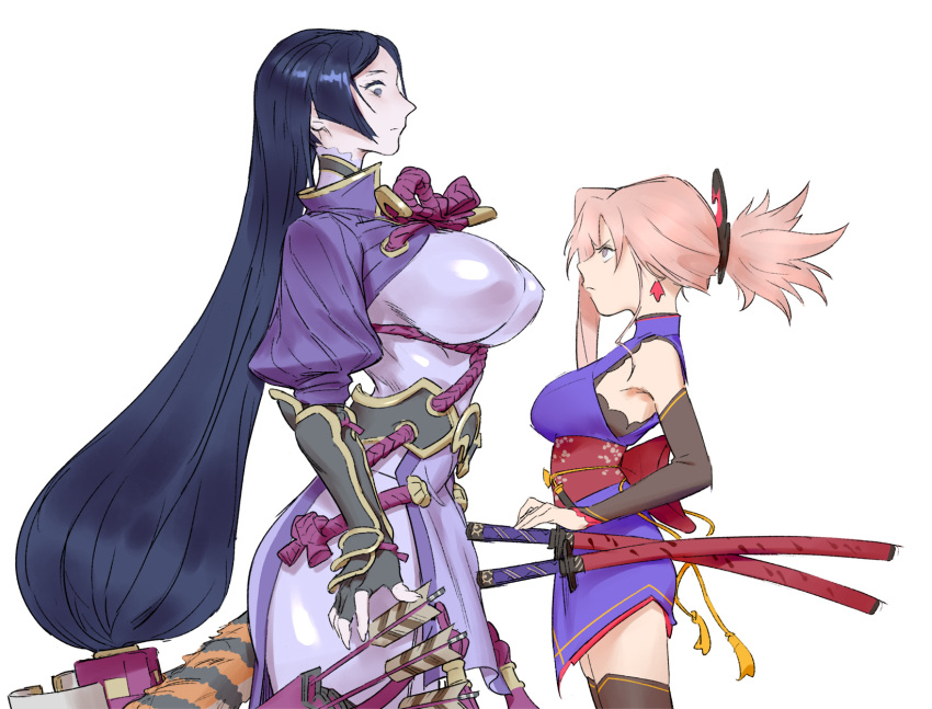 2girls angry arrow_(projectile) bare_shoulders blue_eyes breasts detached_sleeves earrings fate/grand_order fate_(series) height_difference highres huge_breasts japanese_clothes jewelry katana large_breasts long_hair looking_at_another looking_down looking_up low-tied_long_hair lucaxu1991 minamoto_no_raikou_(fate) miyamoto_musashi_(fate) multiple_girls obi pink_hair ponytail puffy_sleeves purple_hair quiver red_rope rope sash scabbard sheath simple_background size_difference skin_tight sword vambraces very_long_hair weapon white_background zettai_ryouiki