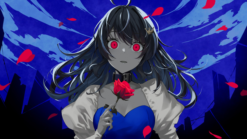 1girl ahoge alive_musix bangs black_hair blue_dress blue_hair clouds collar crazy_eyes dark_blue_hair dress floating_hair flower fukai_ryosuke glowing glowing_eyes highres holding holding_flower juliet_sleeves long_hair long_sleeves looking_at_viewer mair_(alive_musix) parted_lips petals puffy_sleeves queen_(vocaloid) red_eyes red_flower red_rose rose rose_petals solo staring upper_body wide-eyed