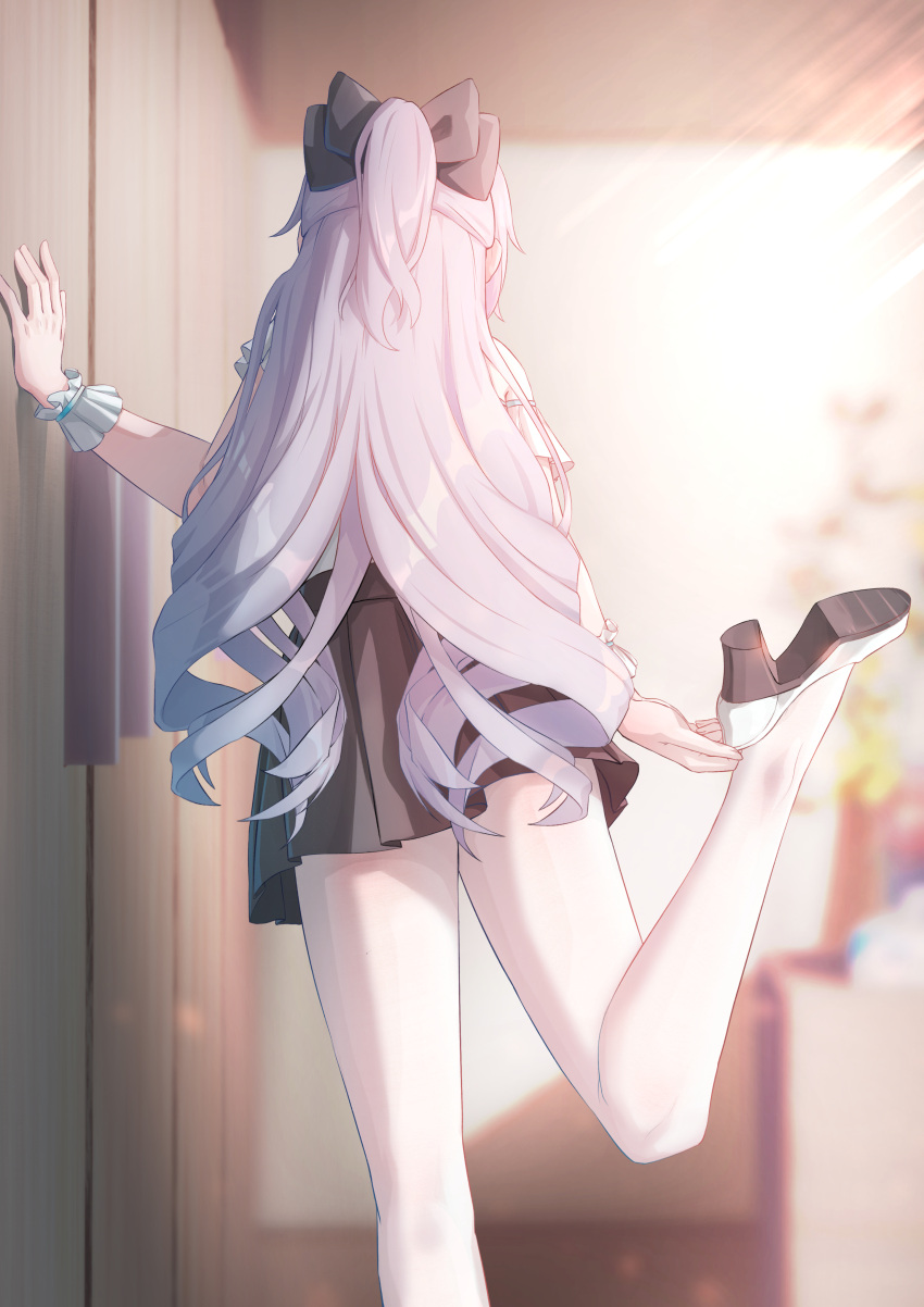 1girl absurdres bare_shoulders black_bow black_skirt blurry blurry_background bow bronya_zaychik caisena commentary_request depth_of_field feet_out_of_frame from_behind grey_hair hair_bow hand_up high_heels highres honkai_(series) honkai_impact_3rd indoors long_hair pleated_skirt ponytail shoe_soles shoes skirt solo standing standing_on_one_leg very_long_hair white_footwear wrist_cuffs