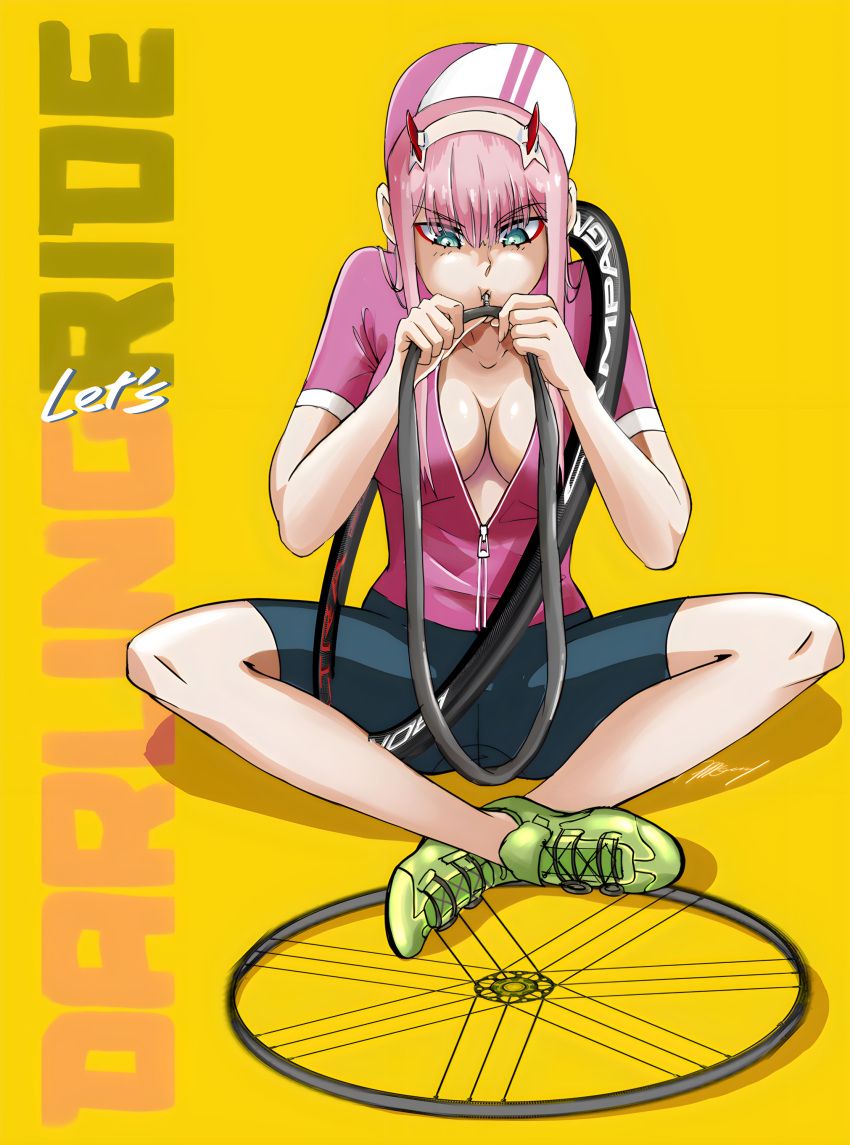 10s 1girl albyee albyeee anime bicycle blowing darling_in_the_franxx flat_tire green_eyes ground_vehicle horns jersey pink_hair pink_jumpsuit tire wheel zero_two_(darling_in_the_franxx)