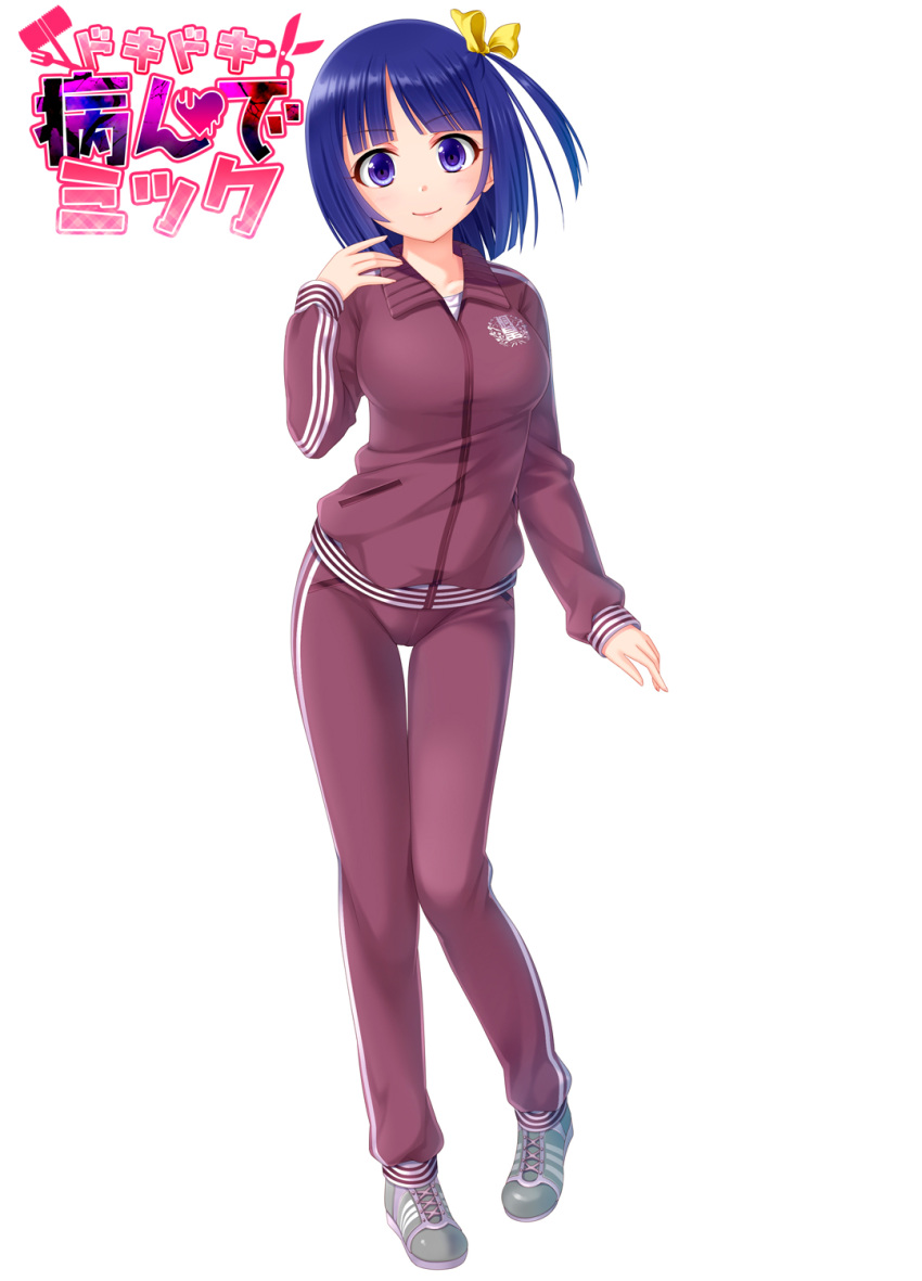 1girl blue_eyes blue_hair bow breasts copyright_name dokidoki_yandemic hair_bow hand_up highres jacket kochou_noel long_sleeves looking_at_viewer medium_breasts medium_hair official_art shoes smile sneakers solo track_jacket track_suit track_uniform yellow_bow