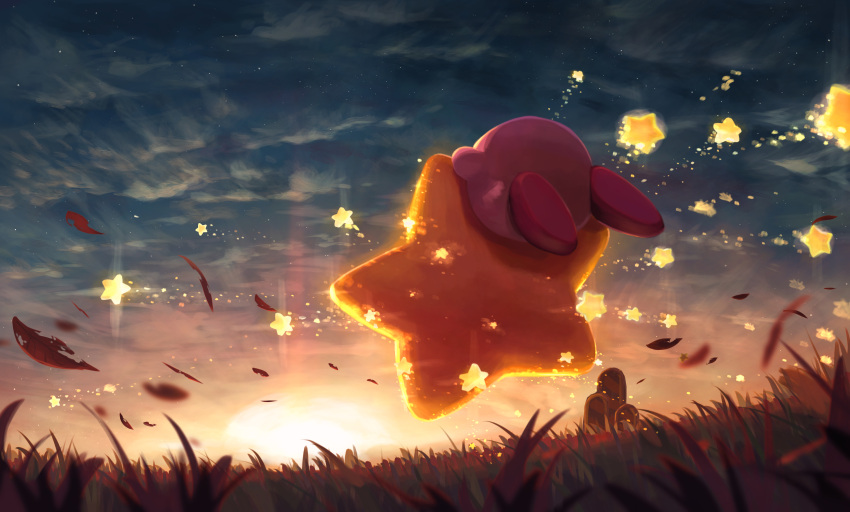 blurry clouds depth_of_field falling_leaves flying from_behind grass highres kirby kirby_(series) leaf outdoors sky star_(sky) star_(symbol) starry_sky sun sunset suyasuyabi warp_star
