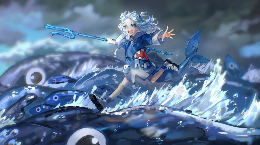 animal_hood blue_hair clouds cloudy_sky fish fish_tail gake_no_ue_no_ponyo gawr_gura highres hololive hololive_english hood outstretched_arms parody polearm quasarcake running running_on_liquid shark_girl shark_hood shark_tail sharp_teeth shoes sky storm tail teeth trident water weapon
