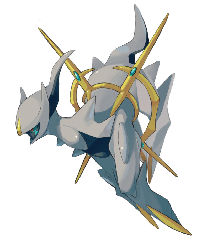 arceus colored_sclera full_body gogot green_sclera highres horns looking_down no_humans pokemon pokemon_(creature) red_eyes simple_background solo spikes white_background