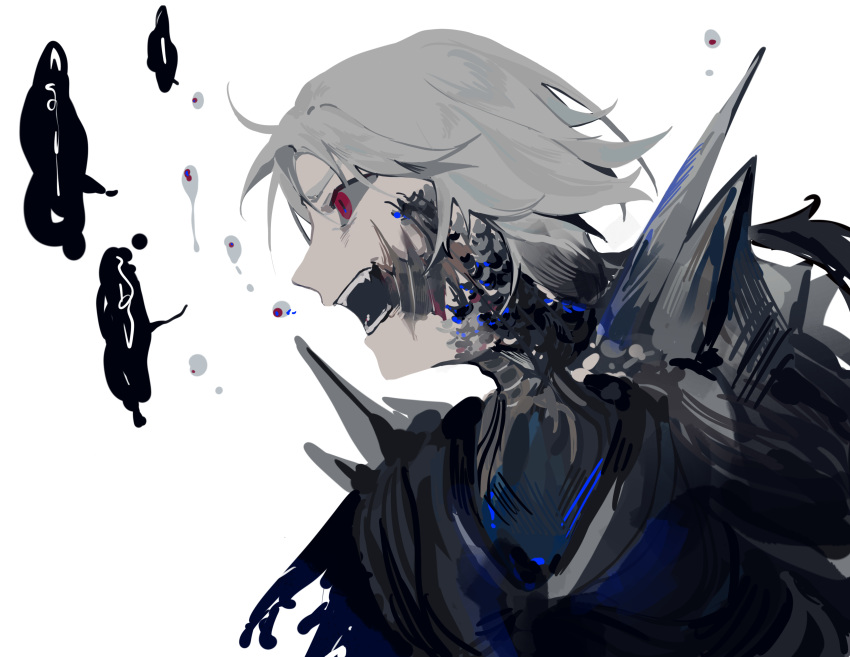 1boy absurdres arknights colored_sclera commentary fangs grey_hair grey_sclera highres male_focus monster_boy no_headwear no_mask open_mouth portrait profile red_eyes scales simple_background solo ulpianus_(arknights) white_background woaich