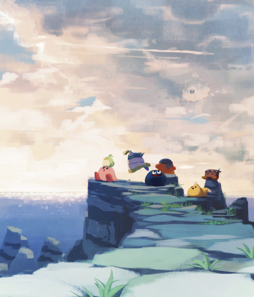 absurdres bandana bandana_waddle_dee bird blue_bandana blue_sky character_request closed_eyes clouds cloudy_sky day gooey_(kirby) highres kirby kirby_(series) kracko looking_at_another magolor outdoors rocky_(kirby) scenery sky suyasuyabi