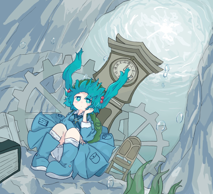 1girl aqua_eyes aqua_hair backpack bag bloomers blue_dress bubble chair clock closed_mouth commentary_request crying dot_mouth dress full_body gears grandfather_clock green_bag green_headwear hair_bobbles hair_ornament hand_on_own_cheek hand_on_own_face hand_up kawashiro_nitori key knees_up long_hair long_sleeves on_floor pocket roman_numeral sitting solo tatutaniyuuto touhou two_side_up underwater underwear