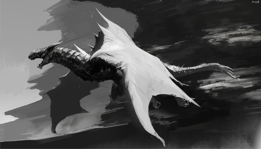 animal_focus artist_name commentary_request dragon english_commentary flying from_side full_body grey_background greyscale highres mixed-language_commentary monochrome nisetanaka no_humans open_mouth original signature sketch teeth tornado
