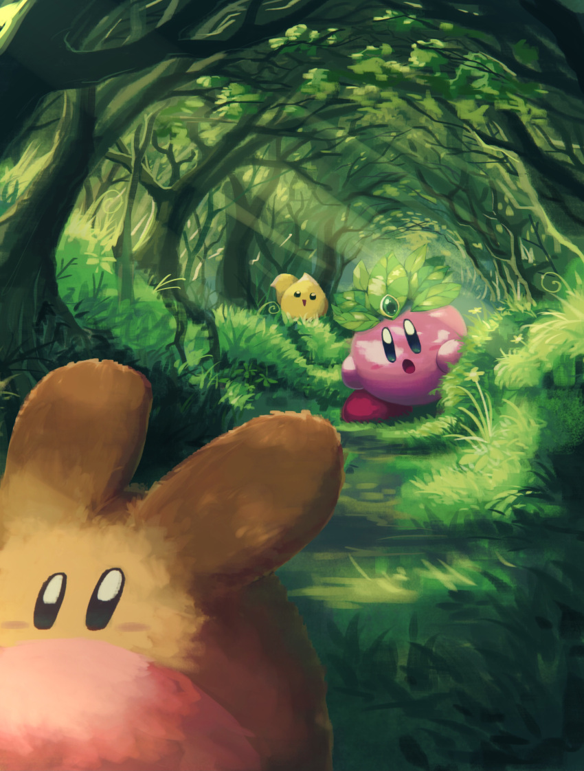absurdres character_request copy_ability day forest grass highres kirby kirby_(series) looking_at_another nature open_mouth outdoors scenery suyasuyabi tree