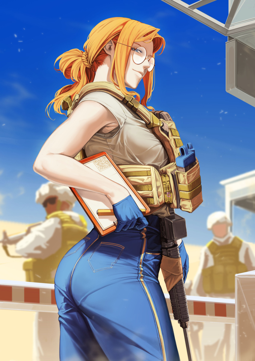 1girl 2boys absurdres armpits arms_at_sides ass assault_rifle blue_eyes blue_gloves blue_sky blurry blurry_background braid breasts closed_mouth feet_out_of_frame from_side glasses gloves gun highres holding holding_gun holding_weapon large_breasts long_hair looking_at_viewer multiple_boys orange_hair original outdoors pantylines pocket qr_code rifle short_sleeves sidelocks sky smile solo_focus standing sunglasses weapon zuoteng_lucha