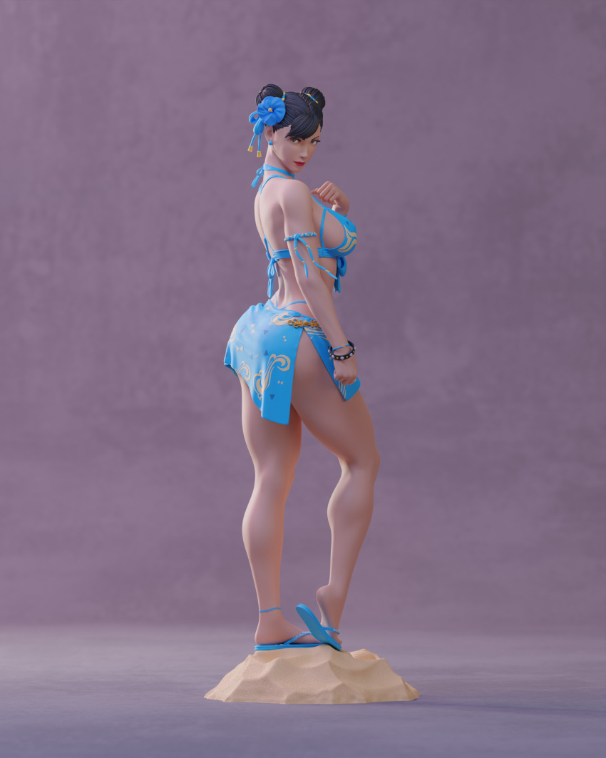 1girl 3d abe3660 absurdres bikini black_hair bracelet brown_eyes chun-li double_bun hair_bun highres jewelry lipstick looking_to_the_side makeup red_lips solo street_fighter swimsuit