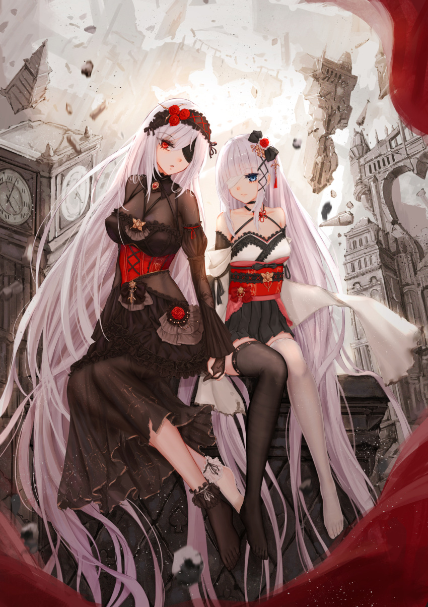 2girls black_socks black_thighhighs blue_eyes dress eyepatch feet gothic_lolita highres japanese_clothes kimono legs lolita_fashion long_hair looking_at_viewer multiple_girls no_shoes original red_eyes ruins socks thigh-highs very_long_hair white_hair white_socks white_thighhighs yuri yuzuriha