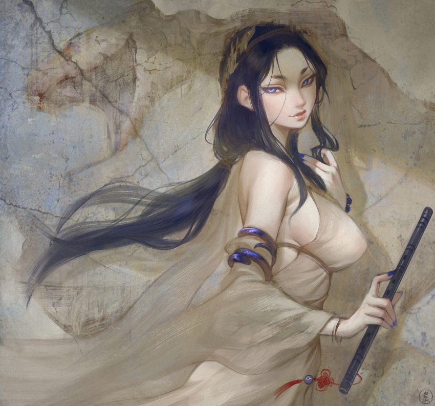 1girl black_hair blue_eyes breasts flute highres holding holding_instrument instrument light_smile long_hair looking_at_viewer nail_polish nat_the_lich original pandora_(nat_the_lich) ponytail sideboob signature snake_armband solo