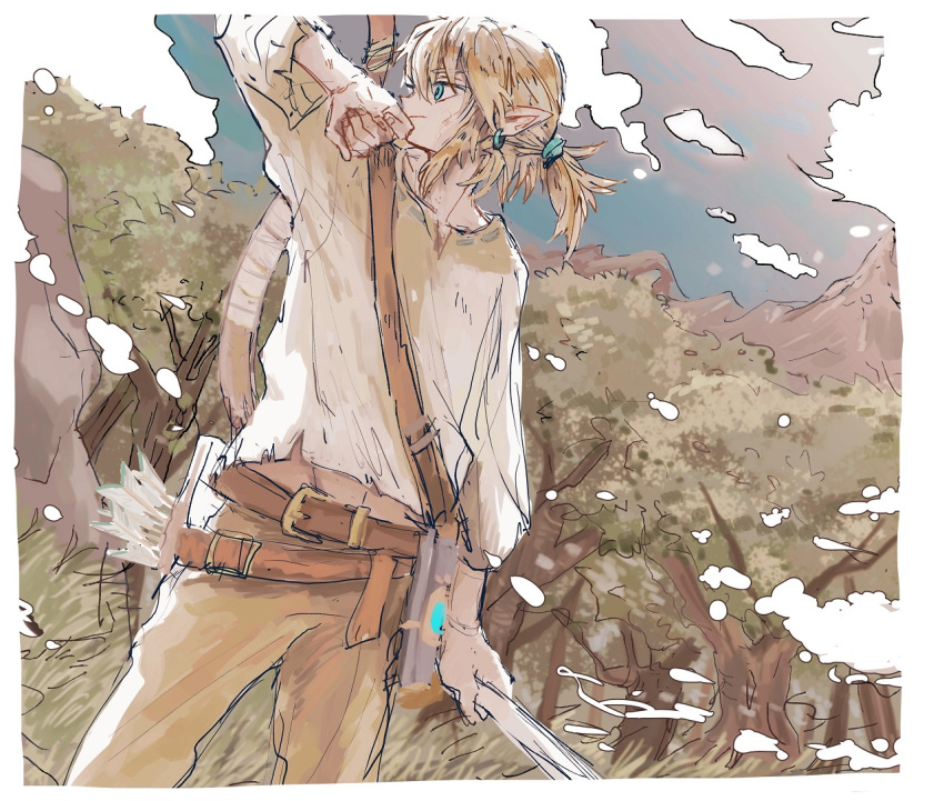 1boy aqua_eyes belt blonde_hair border brown_pants cowboy_shot earrings forest hair_between_eyes jewelry link long_sleeves looking_to_the_side low_ponytail male_focus medium_hair nature nocoyaki outdoors pants pointy_ears shirt shoulder_strap sidelocks solo sweat the_legend_of_zelda the_legend_of_zelda:_breath_of_the_wild torn_clothes torn_shirt tree white_shirt wiping_mouth