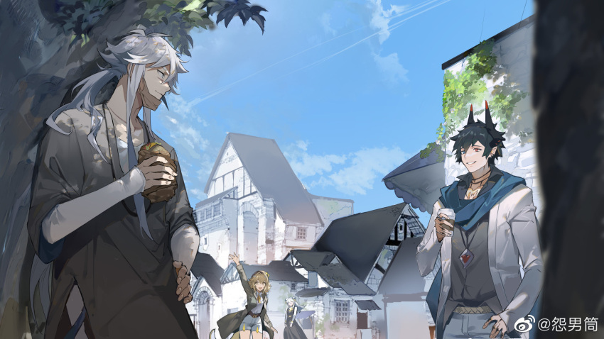 2boys 2girls alchemy_stars bangs barton_(alchemy_stars) black_hair black_shirt blonde_hair building burger carleen_(alchemy_stars) casual cup day dress fleur_(alchemy_stars) food hand_on_hip heterochromia highres holding holding_cup holding_food horns huan_shi_tian_tong jacket jewelry long_hair long_sleeves looking_at_another mask mask_pull mouth_mask multiple_boys multiple_girls official_alternate_costume outdoors pendant pointy_ears poncho scarf shirt short_hair smile standing tree vice_(alchemy_stars) waving weibo_username white_dress white_hair white_jacket white_shirt