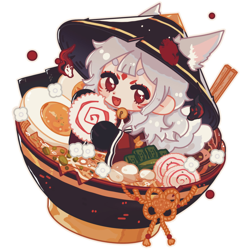 1girl bell black_gloves black_headwear black_kimono chibi chopsticks egg_(food) fang food gloves green_(pine_green) grey_hair hair_behind_ear highres hitodama jacket japanese_clothes kamaboko kimono looking_at_viewer narutomaki neck_bell nijisanji nijisanji_en nina_kosaka noodles open_mouth ramen red_eyes red_jacket smile solo virtual_youtuber