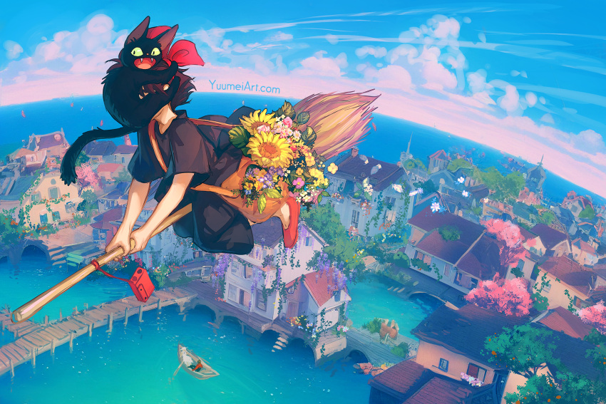 1other 2girls bangs black_cat black_dress boat bow broom broom_riding cat day dress english_commentary flower hair_bow highres jiji_(majo_no_takkyuubin) kiki_(majo_no_takkyuubin) majo_no_takkyuubin multiple_girls outdoors red_bow short_hair town water watercraft web_address yuumei