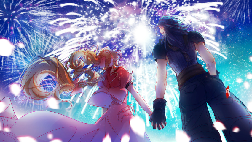 1boy 1girl absurdres aerith_gainsborough armor back black_hair braid braided_ponytail brown_hair couple crisis_core_final_fantasy_vii dress earrings final_fantasy final_fantasy_vii final_fantasy_vii_remake fireworks from_behind gloves hair_ribbon highres holding_hands jacket jewelry long_hair mianmian741 outdoors pink_dress pink_ribbon red_jacket ribbon scar scar_on_cheek scar_on_face shoulder_armor sky spiky_hair star_(sky) starry_sky sweater turtleneck turtleneck_sweater zack_fair