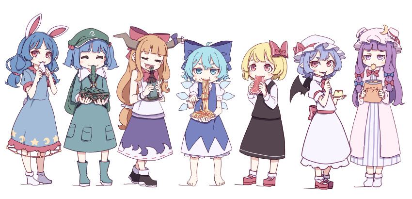 6+girls absurdres ahoge alcohol animal_ears back_bow bag bangs bare_shoulders barefoot belt black_footwear black_skirt black_vest blonde_hair blue_bow blue_dress blue_eyes blue_footwear blue_hair blue_ribbon blush_stickers boots bottle bow bowl bowtie chips_(food) cirno closed_eyes closed_mouth collared_dress collared_shirt commentary_request crescent crescent_hat_ornament crescent_print crossed_bangs cucumber double_bun dress eating fang food food_on_clothes food_on_face fork full_body green_bag green_headwear grey_belt grey_shirt grey_socks hair_between_eyes hair_bobbles hair_bow hair_bun hair_ornament hat hat_ornament hat_ribbon highres horns ibuki_suika ice ice_wings kame_(kamepan44231) kawashiro_nitori ketchup long_hair looking_at_viewer looking_to_the_side meat medium_hair mob_cap mochi multiple_girls no_shoes open_clothes open_dress open_mouth orange_hair package pasta patchouli_knowledge pink_belt pink_bow pink_dress pink_headwear pink_ribbon plate pocket puffy_short_sleeves puffy_sleeves purple_dress purple_hair purple_ribbon purple_skirt rabbit_ears rabbit_tail red_bow red_bowtie red_eyes red_footwear red_ribbon remilia_scarlet ribbon rumia seiran_(touhou) shirt shoes short_sleeves short_twintails simple_background skirt sleeveless sleeveless_shirt smile socks spaghetti standing star_(symbol) star_print striped striped_dress tail touhou twintails vegetable vest violet_eyes white_background white_dress white_headwear white_shirt white_socks wings wrist_cuffs