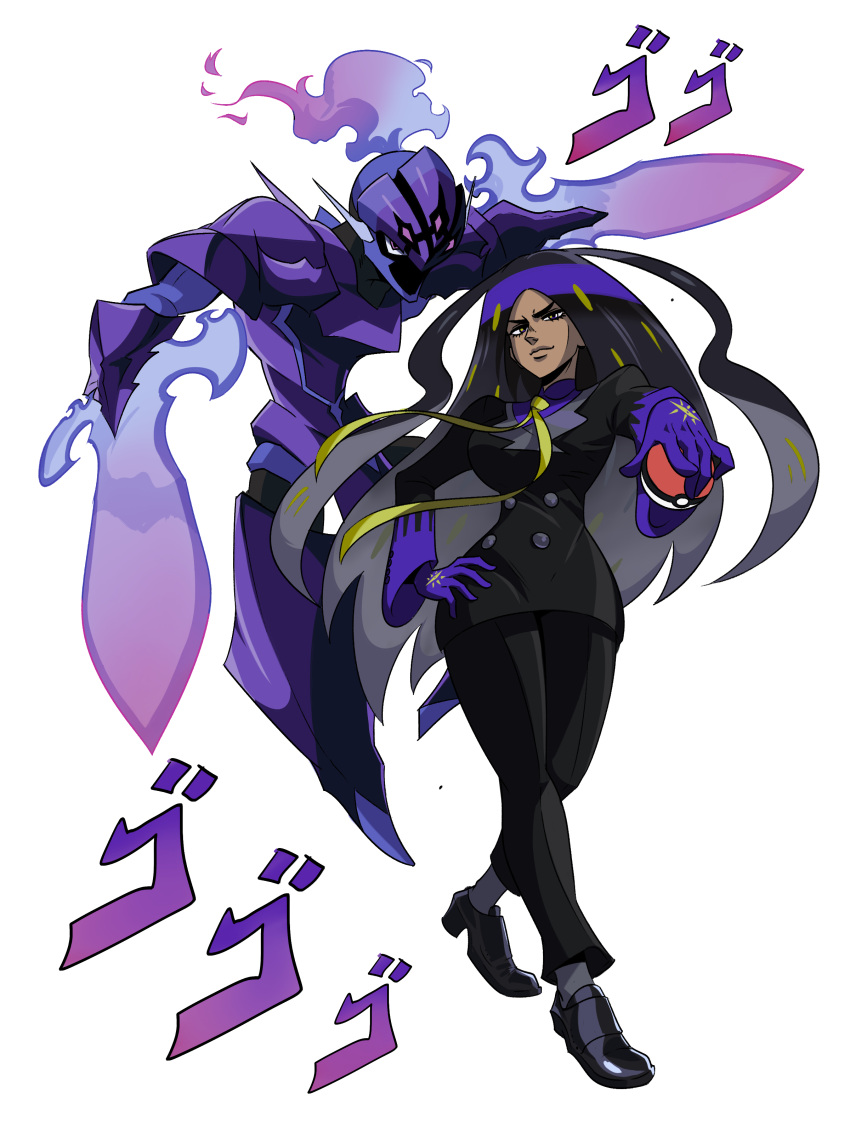 1girl absurdres black_footwear black_hair black_pants breasts buttons ceruledge closed_mouth dark-skinned_female dark_skin formal full_body geeta_(pokemon) gloves grey_hair hand_on_hip highres holding holding_poke_ball jojo_no_kimyou_na_bouken long_hair long_sleeves looking_at_viewer menacing_(jojo) multicolored_hair pant_suit pants poke_ball poke_ball_(basic) pokemon pokemon_(creature) pokemon_(game) pokemon_sv purple_gloves purple_hair simple_background smirk stand_(jojo) standing suit sword tina_fate weapon white_background yellow_eyes