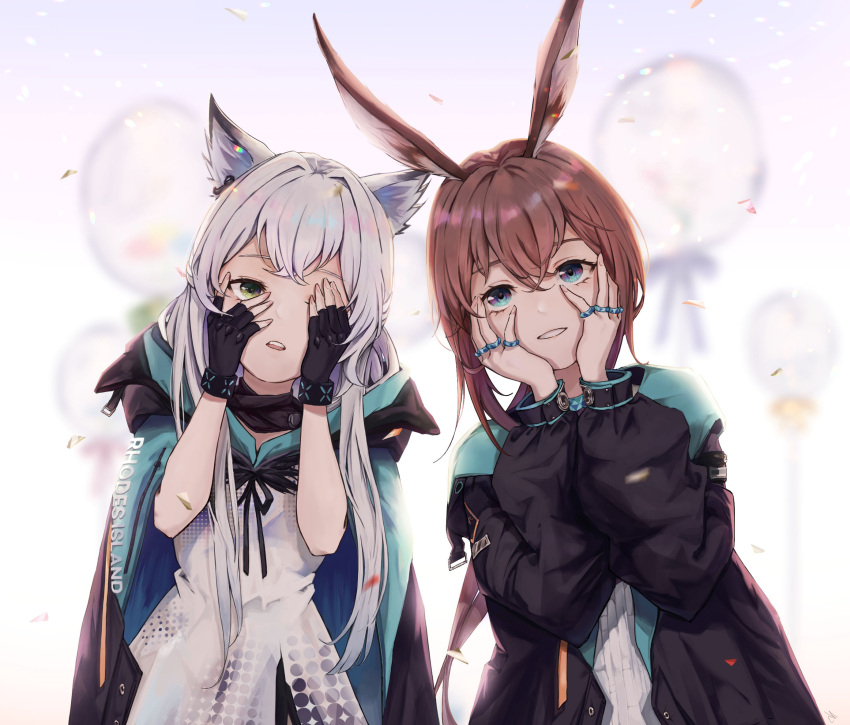 amiya_(arknights) animal_ears arknights balloon black_bracelet black_cape black_gloves black_jacket blue_eyes blurry blurry_background brown_hair cape cat_ears cat_girl clothes_writing covering_one_eye dress fingerless_gloves gloves green_eyes grey_hair hale_(user_tkwy8275) hands_on_own_face hands_up highres hood hood_down hooded_cape infection_monitor_(arknights) jacket jewelry long_hair long_sleeves looking_at_viewer multiple_rings one_eye_closed open_clothes open_jacket parted_lips rabbit_ears rabbit_girl ring rosmontis_(arknights) shirt sidelocks simple_background smile teeth upper_body upper_teeth white_background white_dress white_shirt