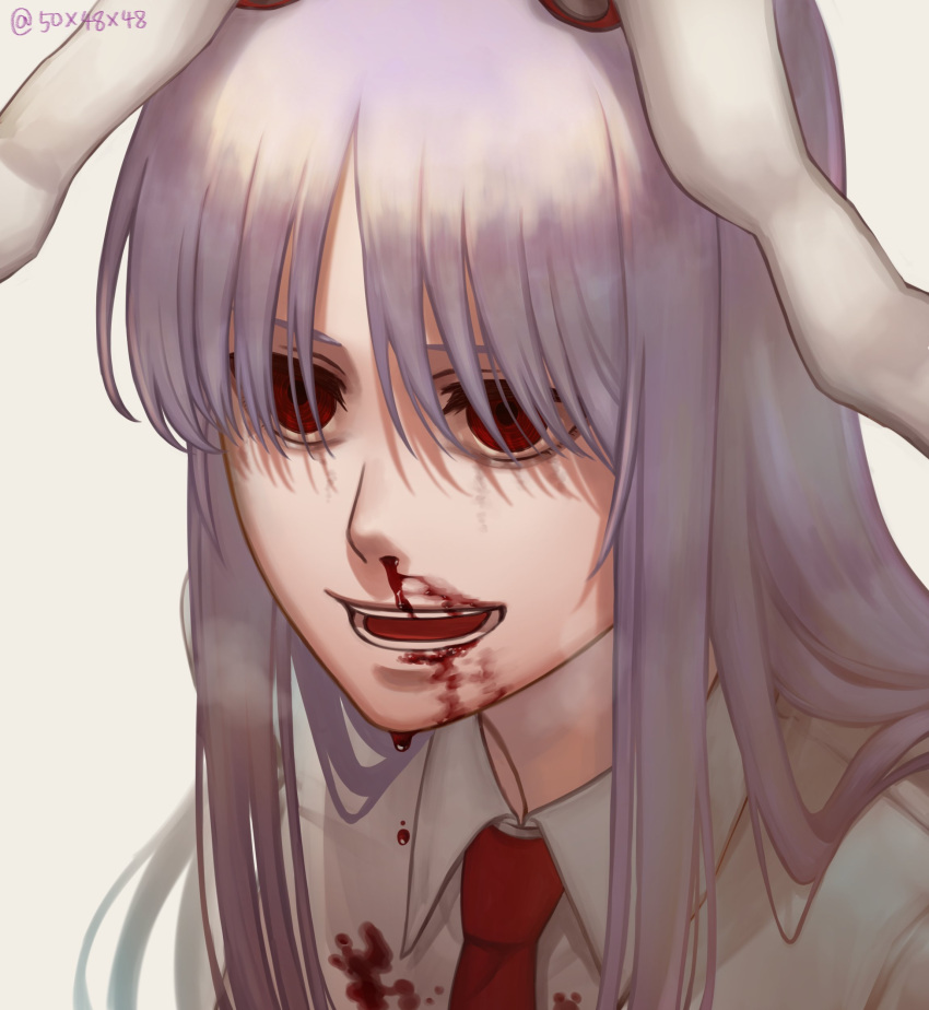 1girl 50x48x48 absurdres animal_ears bleeding blood blood_on_clothes blood_on_face close-up highres light_purple_hair long_hair necktie nosebleed open_mouth rabbit_ears rabbit_girl red_eyes red_necktie reisen_udongein_inaba shirt solo touhou upper_body white_shirt