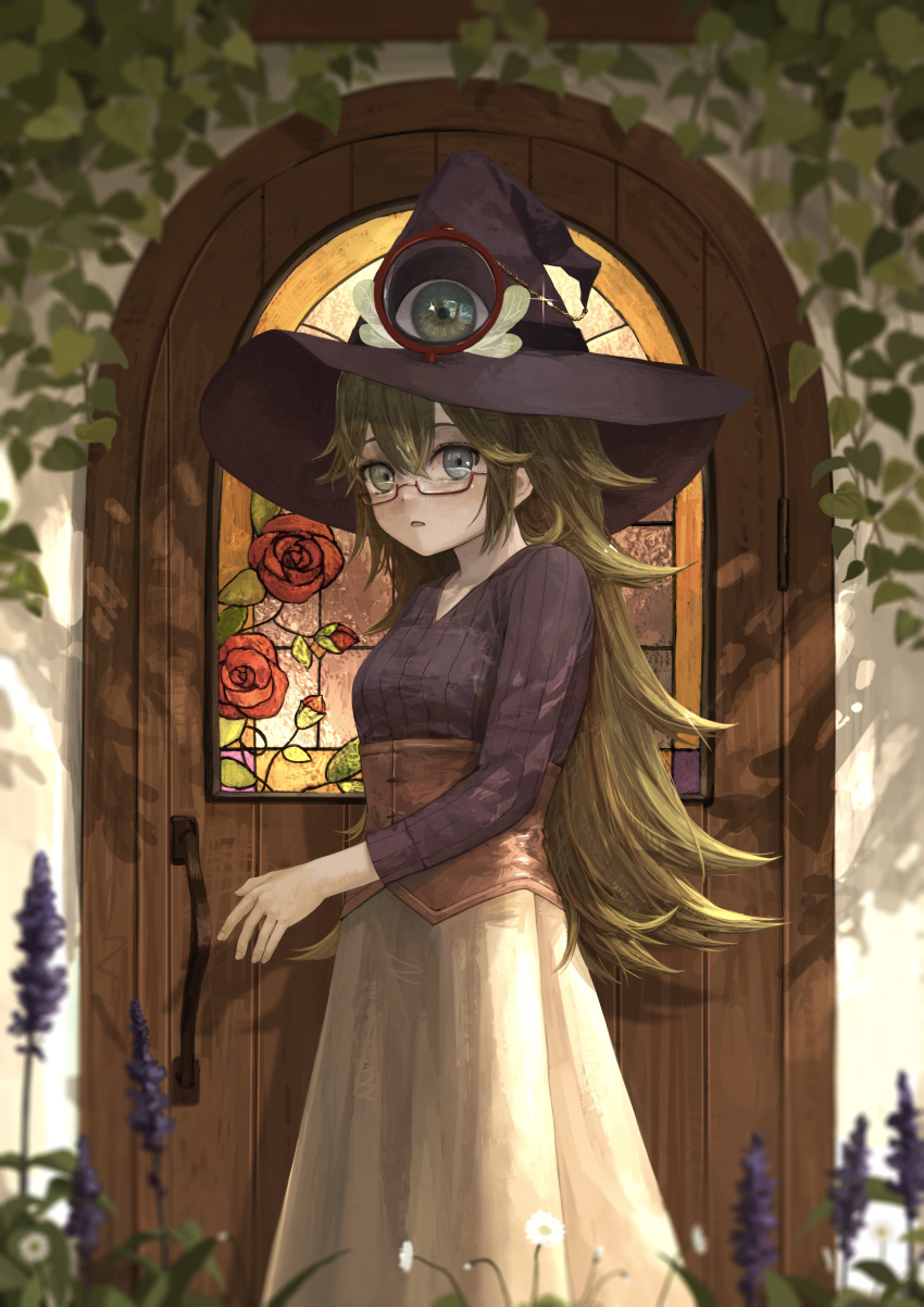 1girl absurdres bangs blonde_hair blurry blurry_foreground breasts brown_corset brown_headwear brown_shirt building chain commission corset depth_of_field door feet_out_of_frame flower from_side glasses grey_eyes hair_between_eyes hat highres long_hair long_skirt looking_at_viewer looking_to_the_side monocle namuta original outdoors parted_lips purple_flower red-framed_eyewear red_flower red_rose ribbed_shirt rose semi-rimless_eyewear shirt skeb_commission skirt small_breasts solo stained_glass standing third_eye under-rim_eyewear v-neck very_long_hair white_flower white_skirt witch witch_hat