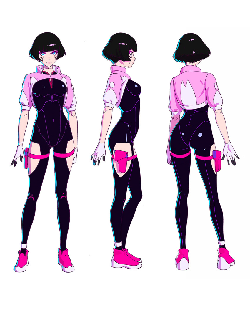 1girl bangs black_hair blue_eyes bob_cut bodysuit breasts gloves highres hip_vent holster ilya_kuvshinov medium_breasts multiple_views original pink_lips sanpaku sasha_(cyberpunk_edgerunners) short_hair short_sleeves shrug_(clothing) solo thigh_holster white_background