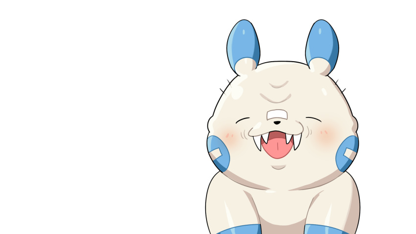 :3 ^_^ animal_focus bandaid bandaid_on_face bandaid_on_nose blush blush_stickers closed_eyes commentary drunkoak english_commentary fangs happy highres minun no_humans open_mouth pokemon pokemon_(creature) smile solo standing tongue transparent_background upper_body wrinkled_skin