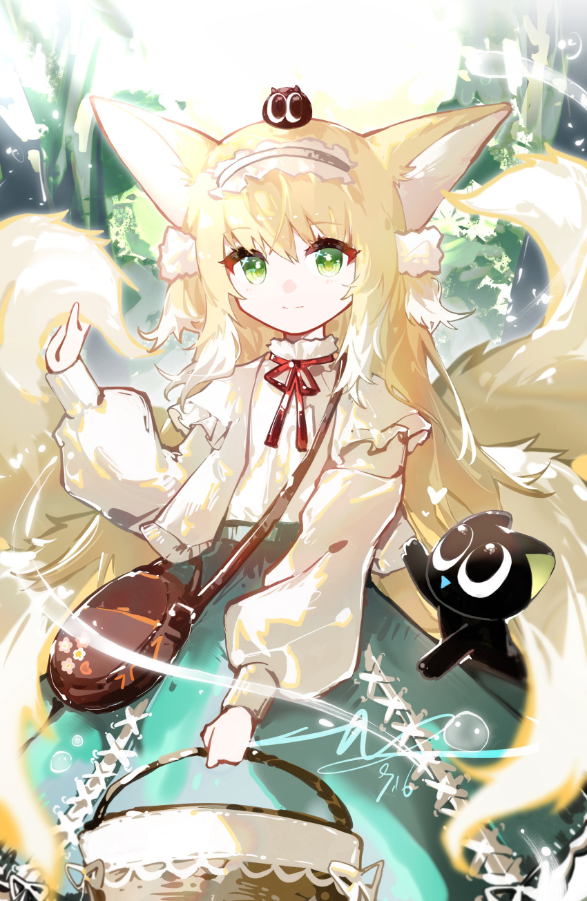 1girl absurdres animal_ears animal_on_head arknights bag basket black_cat blonde_hair brown_bag cardigan cat cat_on_head fox_ears fox_girl fox_tail frilled_hairband frills green_eyes green_skirt hair_down hairband hand_up highres holding holding_basket kitsune long_hair long_sleeves looking_at_viewer luan_teng luoxiaohei multiple_tails neck_ribbon official_alternate_costume on_head open_cardigan open_clothes red_ribbon ribbon satchel shirt shoulder_bag skirt smile solo suzuran_(arknights) suzuran_(spring_praise)_(arknights) tail the_legend_of_luo_xiaohei white_shirt yellow_cardigan
