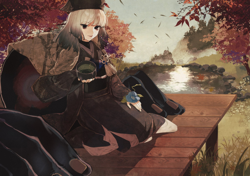 1girl bangs black_eyes black_hair black_headwear black_kimono blue_flower blunt_bangs chinese_commentary closed_mouth commentary_request cup falling_leaves fate/grand_order fate_(series) flower gradient_hair grey_hair hat highres holding holding_cup japanese_clothes kimono leaf long_hair long_sleeves looking_at_viewer morning_glory multicolored_hair obi qiuyun62303677 sash seiza sen_no_rikyu_(fate) sitting sky smile solo tassel tree wide_sleeves yunomi