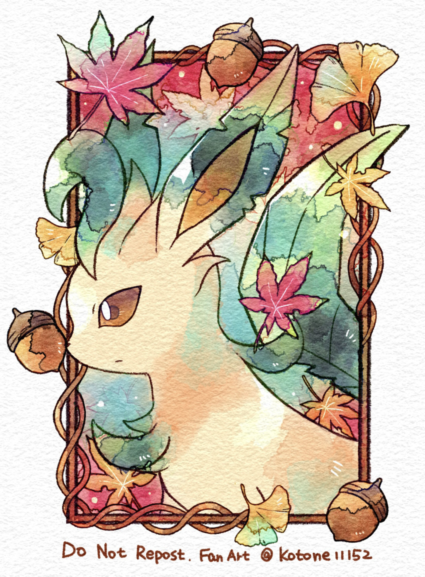 acorn animal_focus autumn autumn_leaves border brown_eyes closed_mouth commentary_request framed ginkgo_leaf highres kotone11152 leaf leafeon maple_leaf no_humans painting_(medium) pokemon pokemon_(creature) solo traditional_media twitter_username upper_body watercolor_(medium) white_border
