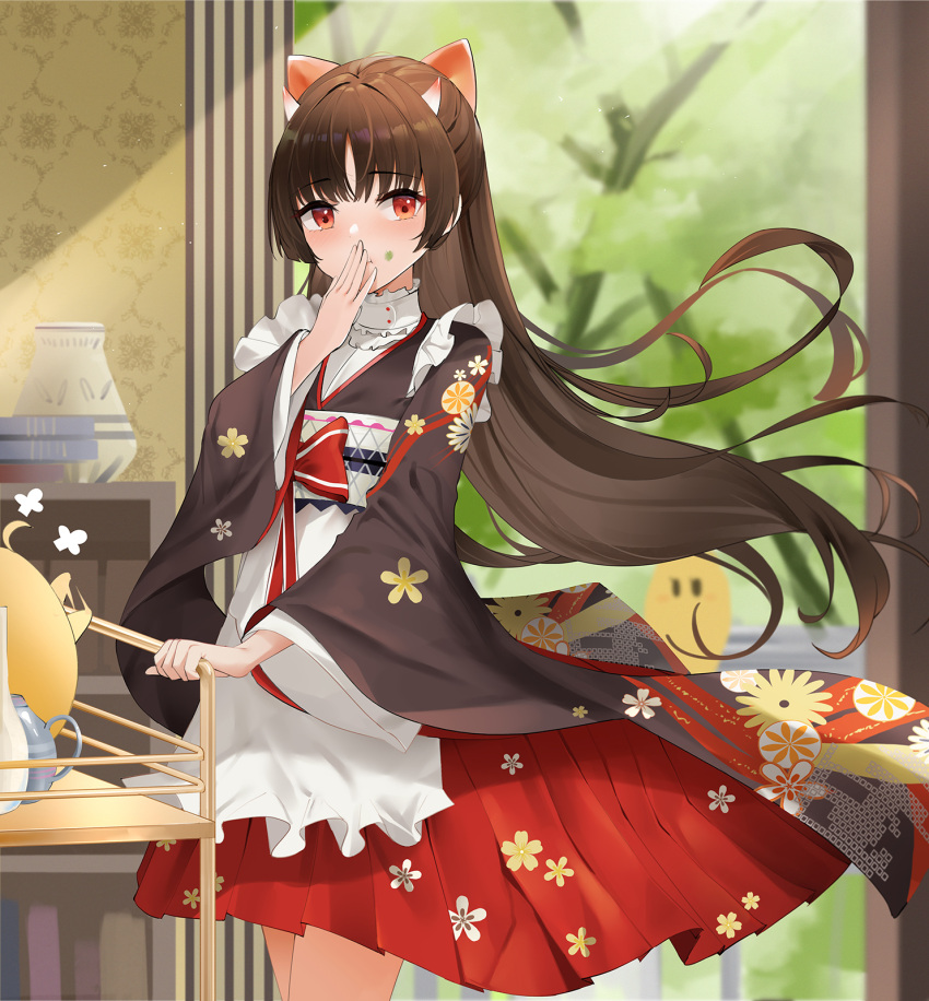 1girl apron azur_lane bangs blurry blurry_background blush bow brown_hair choker covering_mouth cowboy_shot floating_hair floral_print food food_on_face frilled_apron frilled_choker frills hair_bow hand_to_own_mouth hand_up highres horns japanese_clothes long_hair long_sleeves looking_at_viewer manjuu_(azur_lane) obiage official_alternate_costume oni_horns parted_bangs pleated_skirt qing_wu red_bow red_eyes red_skirt sakawa_(azur_lane) sakawa_(the_colors_of_love)_(azur_lane) sash skirt solo standing teapot thighs wa_maid white_apron white_choker white_sash wide_sleeves