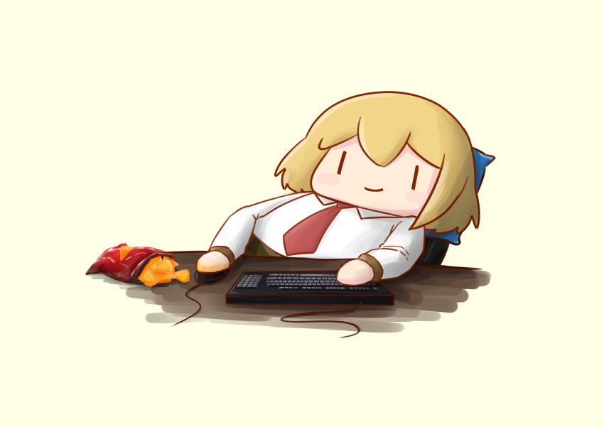 absurdres bag_of_chips blonde_hair blush_stickers chair chibi chips_(food) commentary cropped desk dirty_hands doritos dress_shirt english_commentary food highres holding_mouse_(computer) hololive hololive_english jenkins_(south_park) keyboard_(computer) leaning_to_the_side mouse_(computer) necktie parody phdpigeon red_necktie shirt sitting smile smol_ame south_park watson_amelia white_shirt wing_collar yellow_background |_|