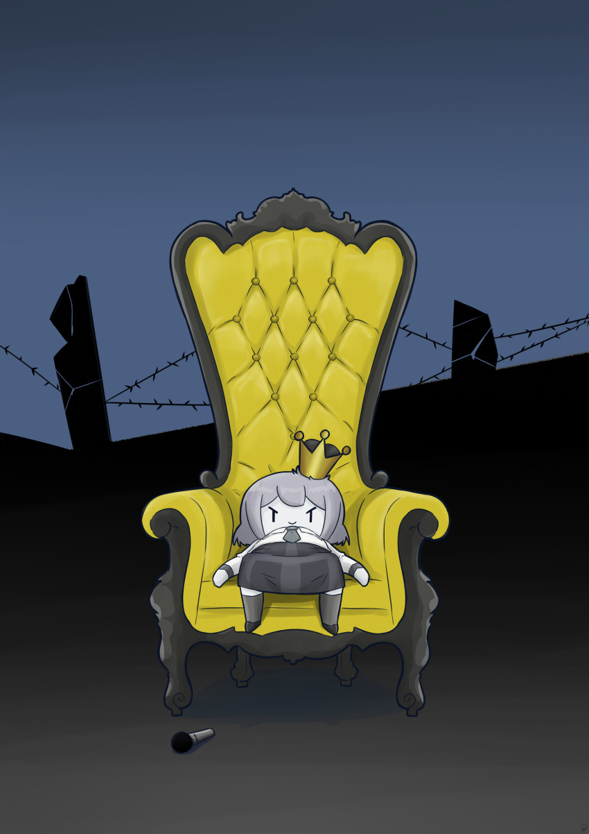 1girl absurdres bangs barbed_wire black_background blue_background chibi commentary crown dress_shirt highres hololive hololive_english king_(vocaloid) looking_at_viewer microphone necktie phdpigeon reclining shirt short_hair sitting smile smol_ame socks solo spot_color symbol-only_commentary throne v-shaped_eyebrows virtual_youtuber watson_amelia white_shirt yellow_theme