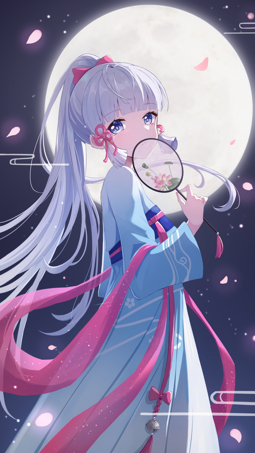 1girl absurdres bangs biubiubiu blue_dress blue_eyes blue_hair blunt_bangs bow braid china_dress chinese_clothes closed_mouth dress folding_fan genshin_impact hair_bow hair_ribbon hand_fan highres kamisato_ayaka light_blue_hair long_hair long_sleeves looking_at_viewer moon petals pink_bow pink_ribbon ponytail ribbon solo standing