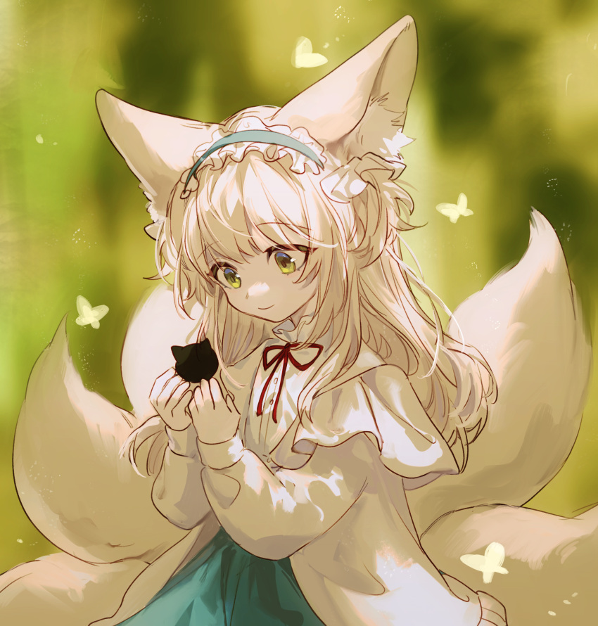 1girl animal animal_ear_fluff animal_ears arknights blonde_hair blue_hairband bug butterfly cardigan cat fox_ears fox_girl fox_tail frilled_hairband frills green_eyes green_skirt hair_down hairband highres holding holding_animal holding_cat kitsune long_hair long_sleeves luoxiaohei multiple_tails neck_ribbon official_alternate_costume open_cardigan open_clothes red_ribbon ribbon shirt skirt smile solo suzuran_(arknights) suzuran_(spring_praise)_(arknights) tail the_legend_of_luo_xiaohei upper_body white_cardigan white_shirt yunluo