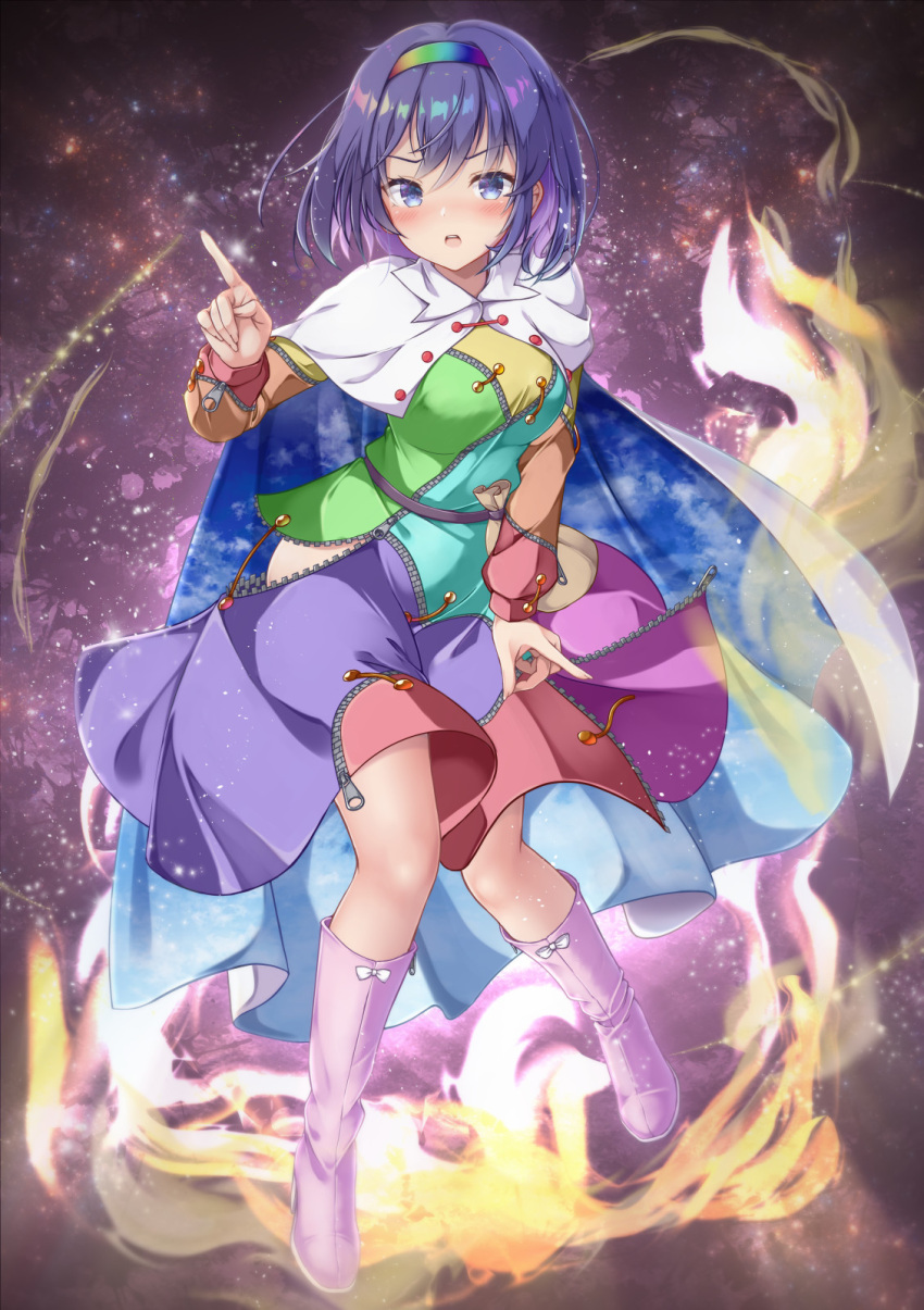 aka_tawashi blue_hair boots cape cloak cloud_print dress highres multicolored_clothes multicolored_dress multicolored_hairband orange_sleeves patchwork_clothes pink_footwear rainbow_gradient red_button short_hair sky_print tenkyuu_chimata touhou two-sided_cape two-sided_fabric violet_eyes white_cape white_cloak yellow_bag yellow_sleeves zipper