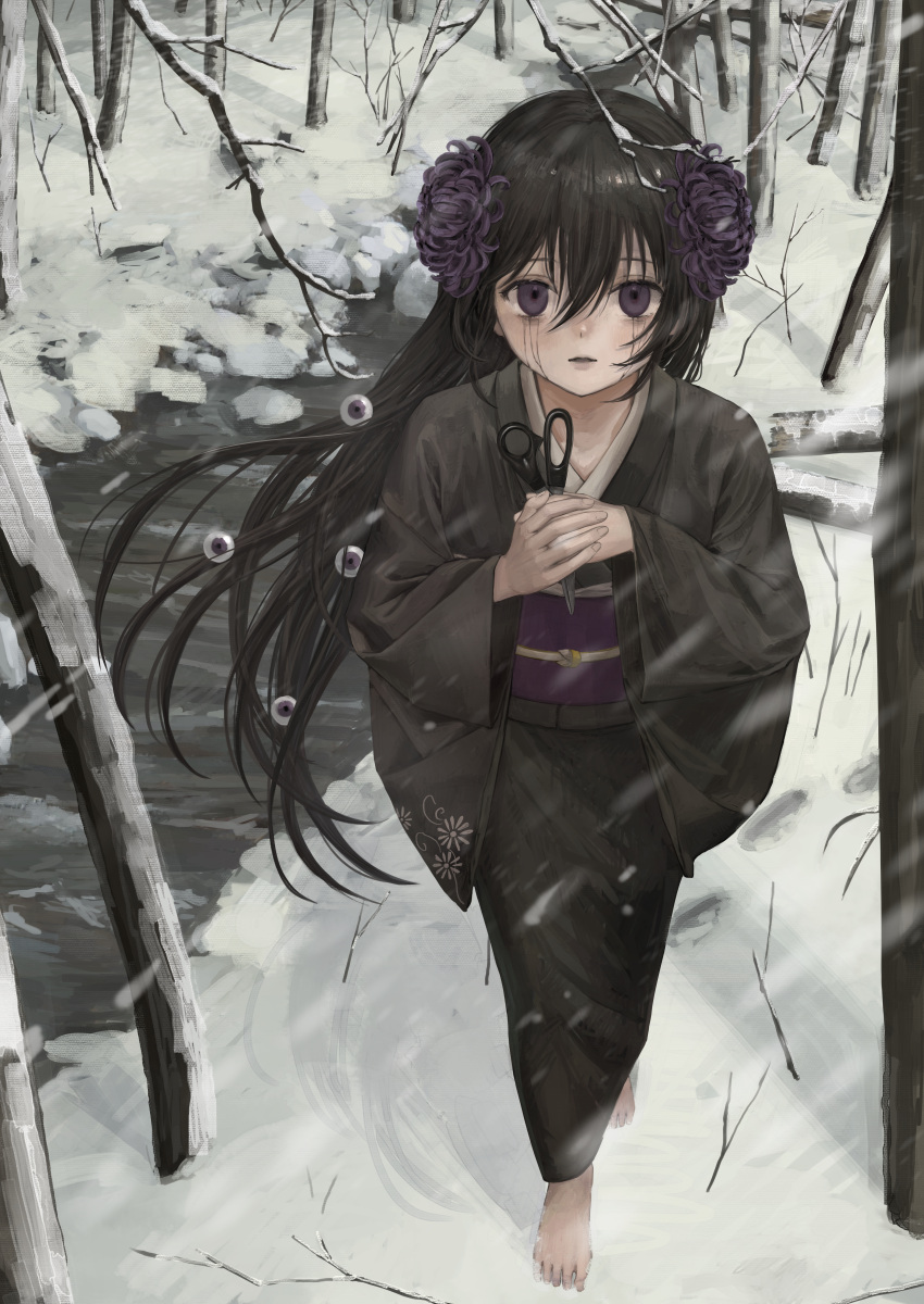 1girl absurdres bangs bare_tree barefoot black_hair black_kimono branch commentary_request commission floating_hair floral_print flower forest full_body hair_between_eyes hair_flower hair_ornament highres holding holding_scissors japanese_clothes kimono long_hair long_sleeves looking_at_viewer namuta nature obi obijime original outdoors own_hands_together parted_lips purple_flower purple_sash runny_makeup sash scissors skeb_commission snow snowing solo standing straight_hair tree very_long_hair violet_eyes walking wide_sleeves wind winter