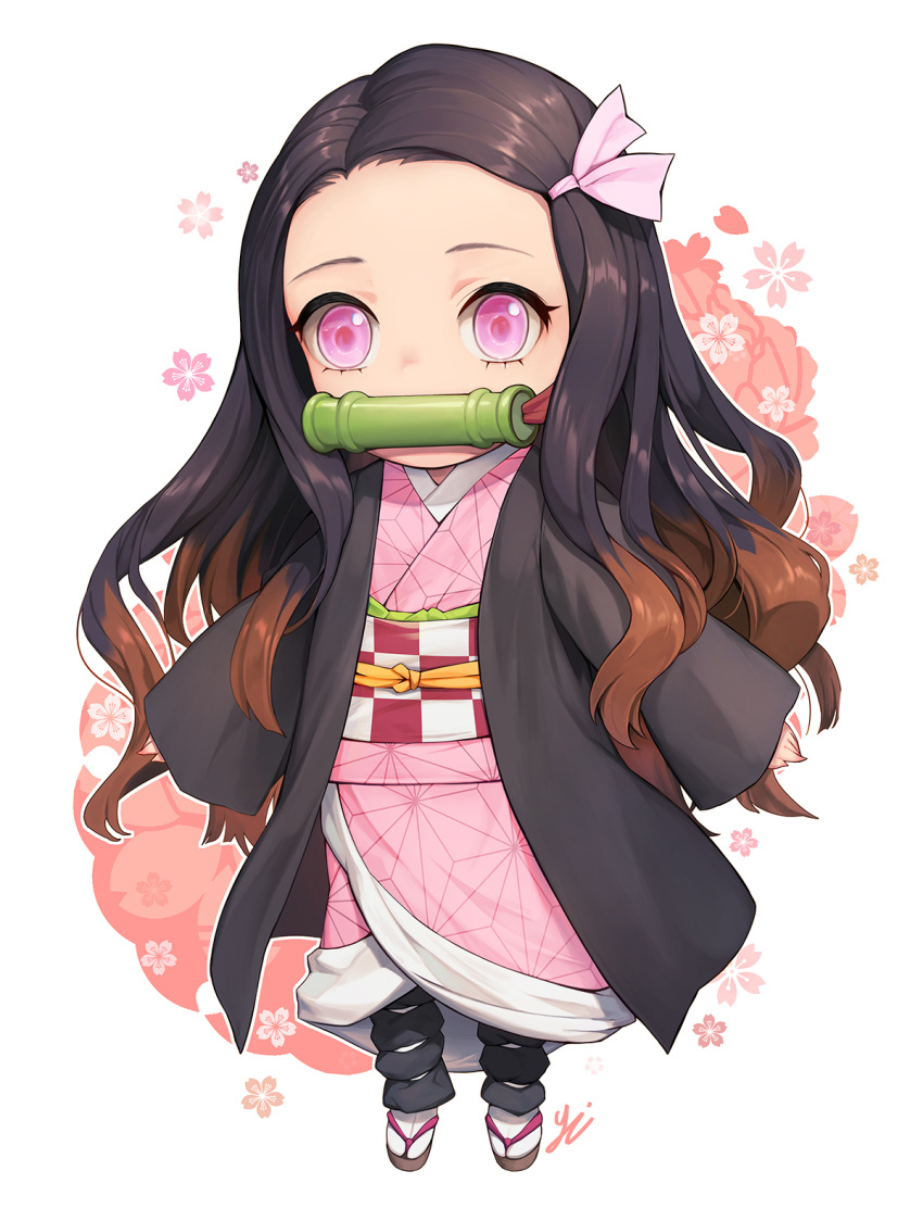 1girl bit_gag black_hair brown_hair chibi colored_tips commentary_request forehead full_body gag hair_ribbon highres japanese_clothes kamado_nezuko kimetsu_no_yaiba kimono long_hair long_sleeves looking_at_viewer mouth_hold multicolored_hair obi obiage obijime pink_eyes pink_kimono pink_ribbon ribbon sash sleeves_past_wrists solo very_long_hair white_background y.i._(lave2217)