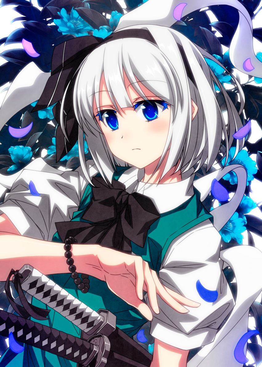 black_bow black_bowtie black_hairband black_ribbon blue_eyes bob_cut bow bow_hairband bowtie collared_shirt green_vest hair_ribbon hairband highres katana konpaku_youmu puffy_short_sleeves puffy_sleeves ribbon sazanami_mio scabbard sheath shirt short_hair short_sleeves sword touhou vest weapon white_hair white_shirt