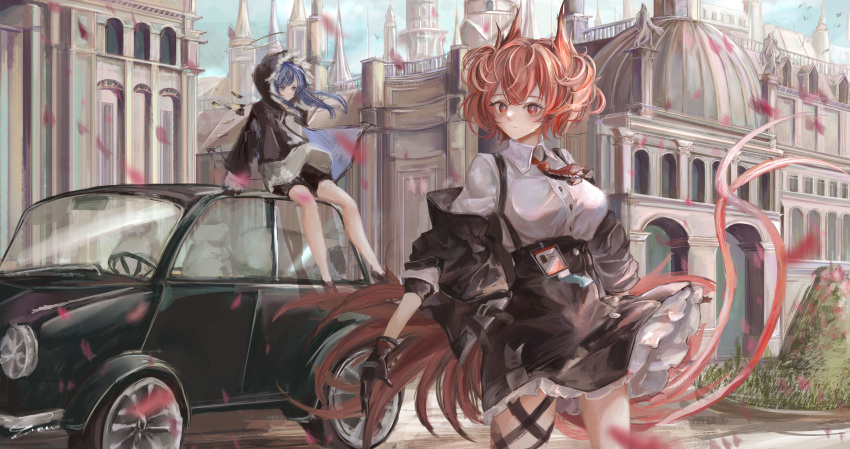 2girls absurdres animal_ears architecture arknights bird_ears bird_girl bird_tail black_gloves black_jacket black_shorts black_skirt black_wings blue_eyes blue_sky breasts bright_pupils building car dark_halo day detached_wings energy_wings fiammetta_(arknights) fur-trimmed_hood fur_trim gloves grey_shirt ground_vehicle halo high-waist_skirt highres hood hood_up hooded_jacket id_card jacket looking_at_viewer medium_breasts mostima_(arknights) motor_vehicle multiple_girls necktie off_shoulder on_vehicle open_clothes open_jacket outdoors red_eyes red_necktie redhead shirt shorts sitting skirt sky steering_wheel tail tail_feathers vea_(v_ea_) white_pupils white_shirt wings