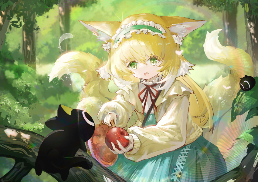 1girl absurdres animal_ear_fluff animal_ears apple arknights basket beifang_youyu black_cat blonde_hair blue_hairband blue_skirt bush cardigan cat chinese_commentary commentary cowboy_shot creature emphasis_lines food forest fox_ears fox_girl fox_tail frilled_hairband frills fruit green_eyes hair_between_eyes hairband heixiu highres holding holding_basket holding_food holding_fruit leaf long_hair long_sleeves looking_at_animal luoxiaohei multiple_tails nature neck_ribbon official_alternate_costume open_cardigan open_clothes open_mouth outdoors red_ribbon ribbon shirt skirt sleeves_past_wrists solo suzuran_(arknights) suzuran_(spring_praise)_(arknights) tail the_legend_of_luo_xiaohei white_shirt yellow_cardigan